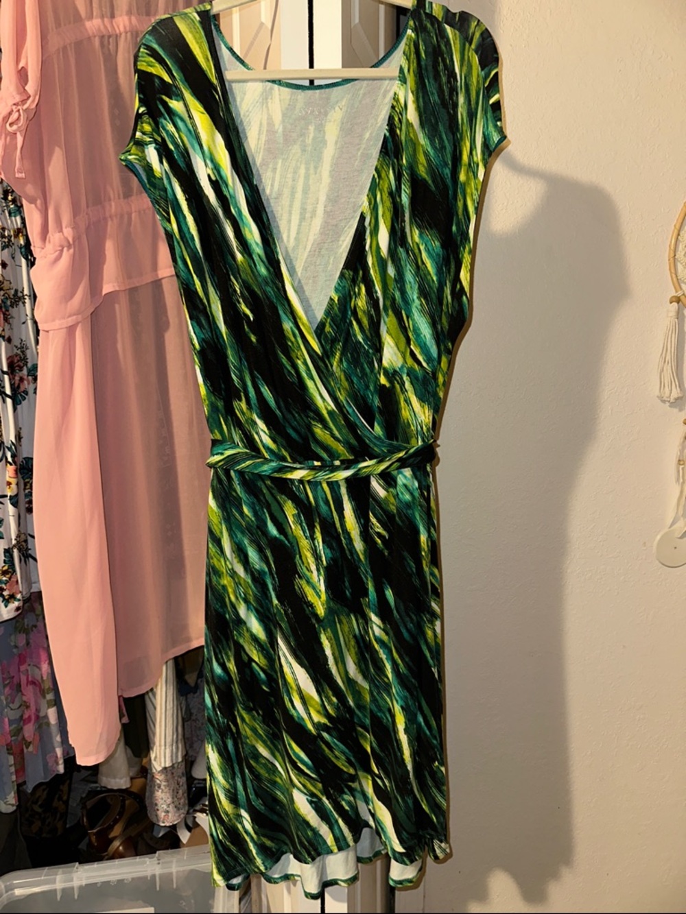 Ava & Viv Green and Yellow Abstract Wrap Midi Dress